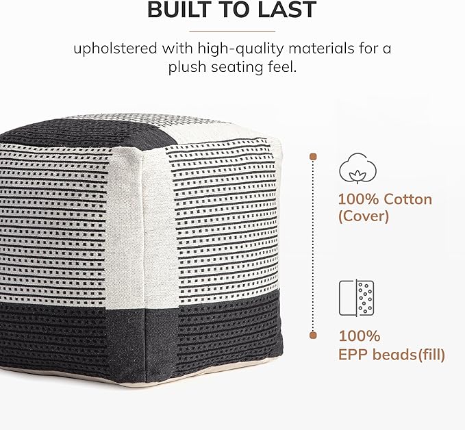 Anji Mountain 100% Handmade & Handcrafted Comfortable Home Décor Pouf Ottoman Footrest for Living Room, Bedroom, Nursery, Kidsroom, Patio Furniture - (20" x 20" x 20"- Black,Ivory)