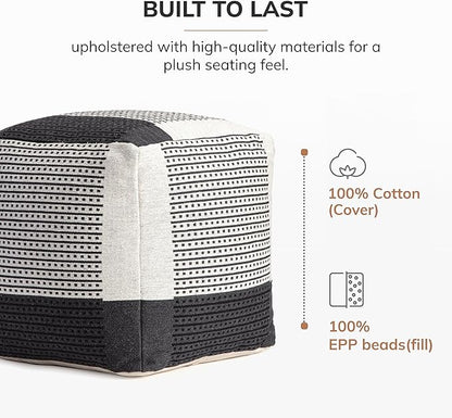 Anji Mountain 100% Handmade & Handcrafted Comfortable Home Décor Pouf Ottoman Footrest for Living Room, Bedroom, Nursery, Kidsroom, Patio Furniture - (20" x 20" x 20"- Black,Ivory)