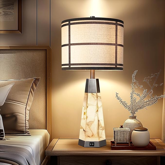 27" Natural Alabaster Table Lamps for Living Room, Bedroom Lamps Set of 2 with Night Light, Living Room Lamps with USB A+C Ports, Table Lamp with Linen Shade for Bedside (Bulbs Included)