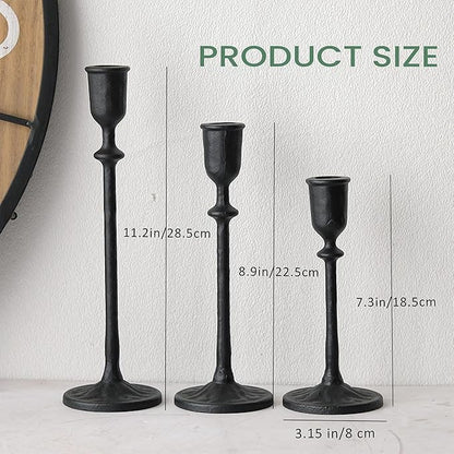 Antique Candlestick Holders Set of 3, Cast Iron Taper Candle Holder for Dining Table Centerpiece, Wedding, Fireplace Mantel Decor, Vintage Tall Candle Stands, Christmas Decorations, Matte Black