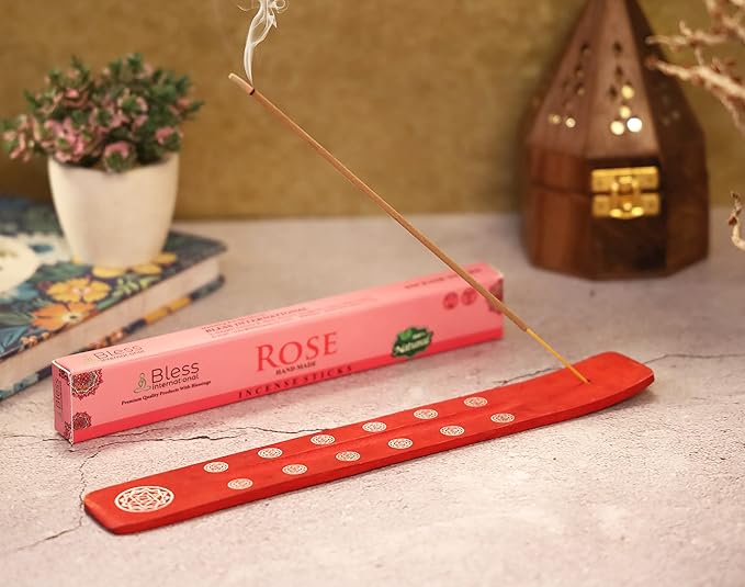 Bless-International Traditional-Handmade-Burner Wooden-Incense-Stick-Holder Ash-Catcher-Stand for-Aromatherapy-Meditation-Yoga (Fire Red) 10 Inches, Pack of 1