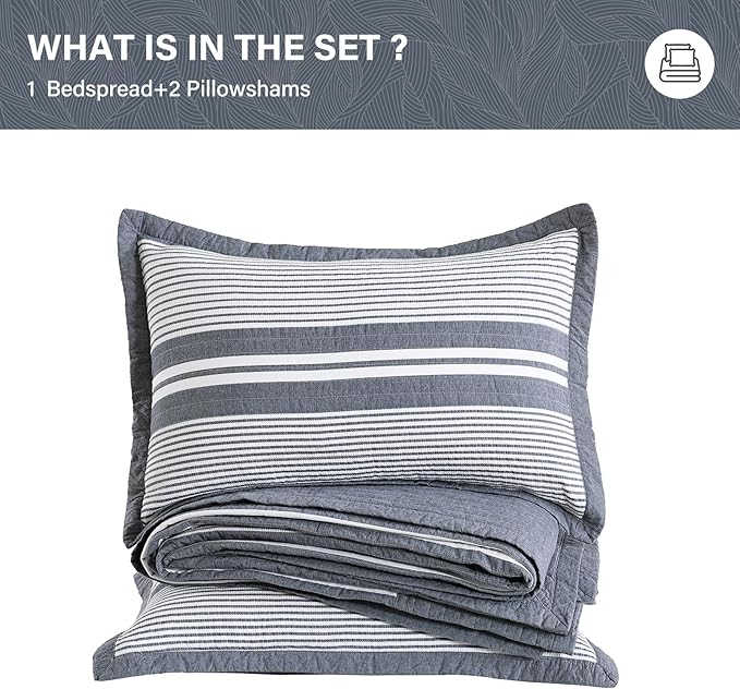 SahSahCasa 100% Cotton 120"×120" Oversized Bedspreads Coverlet, Striped California King XL Quilt Extra Large Bed Spread Lightweight Quilted Comforter, 3pcs, Slate Gray