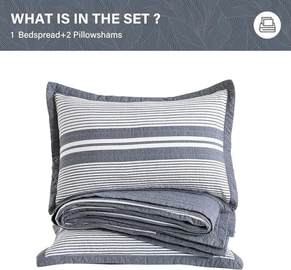 SahSahCasa 100% Cotton 120"×120" Oversized Bedspreads Coverlet, Striped California King XL Quilt Extra Large Bed Spread Lightweight Quilted Comforter, 3pcs, Slate Gray