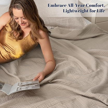 PHF 100% Cotton Muslin Throw XL Blanket Large 50" x 70", 4-Layer Lightweight Gauze Throw, Breathable Cloud-Soft Minimalist Blanket for Bed, Couch, Camping & Baby, Taupe, Ideal Gift