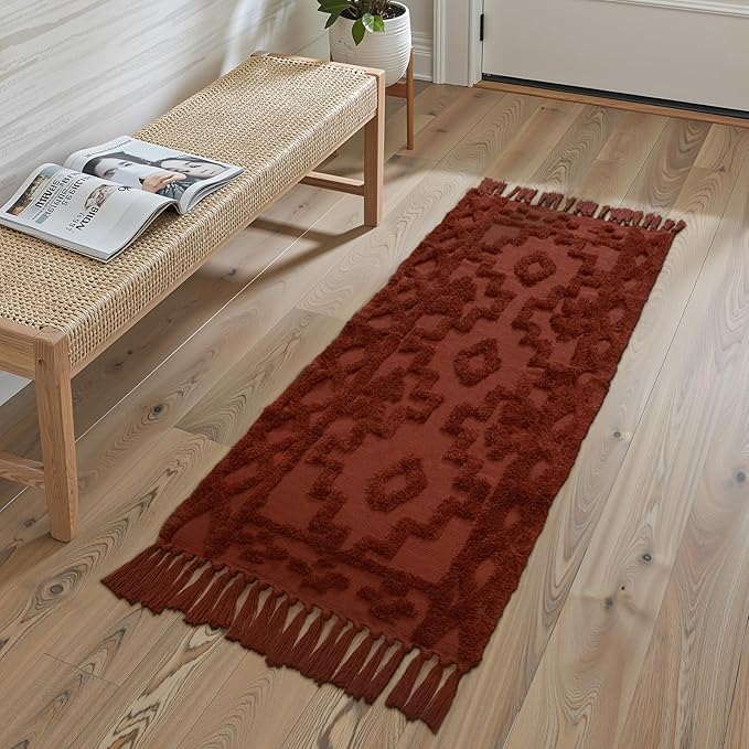 Uphome Boho Washable Runner Rugs 2' x 5', Woven Tufted Neutral Hallway Runner Rug with Fringe, Terracotta Cotton Farmhouse Entryway Rug, Tribal Accent Bedroom Floor Carpet for Bedside Laundry Kitchen