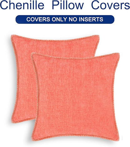 CaliTime Throw Pillow Covers Decorative 20 X 20 Inches Pack of 2 Cotton Thread Stitching Edges Solid Dyed Soft Chenille Cushion Cases for Couch Sofa Bed Living Room Farmhouse Living Coral