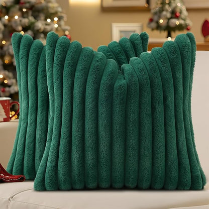 decorUhome Faux Fur Spring Throw Pillow Covers 18x18 Set of 2, Decorative Soft Plush Striped Neutral Couch Pillow Covers with Velvet Back for Sofa, Bed, Living Room Home, Christmas Green