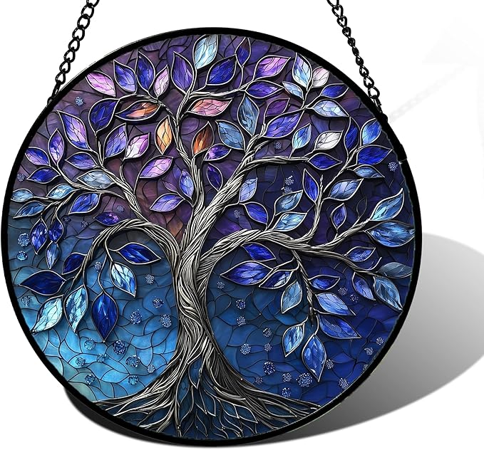 DASTOLL Stained Glass Window Hanging, Blue Purple Tree of Life Sun Catchers Colorful Glass Panel Plants Suncatcher Decor for Birthday for Women,Men,Wife, Lovers, and Mom 6.3 in