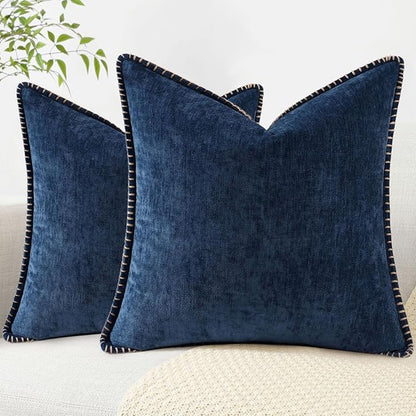decorUhome Spring Chenille Soft Throw Pillow Covers 16x16 Set of 2, Farmhouse Velvet Neutral Decorative Pillow Covers with Stitched Edge for Couch Sofa Bed Home Decor, Poseidon