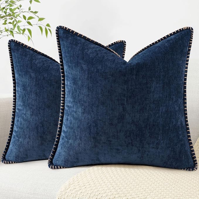 decorUhome Spring Chenille Soft Throw Pillow Covers 26x26 Set of 2, Farmhouse Velvet Neutral Decorative Euro Sham Pillow Covers with Stitched Edge for Couch Sofa Bed Home Decor, Poseidon