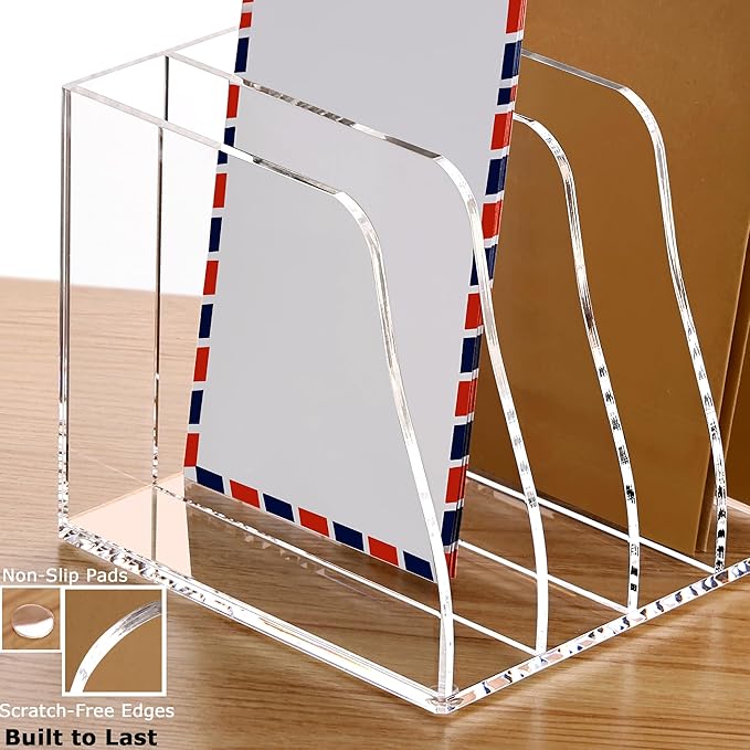 YUXUN Clear Acrylic File Folder Holder - 5 Vertical Compartments Desk Document Sorter, Upright Magazine Rack for Office/Home/Classroom, Stores Documents, Tablets, Magazines, Books & Accessories