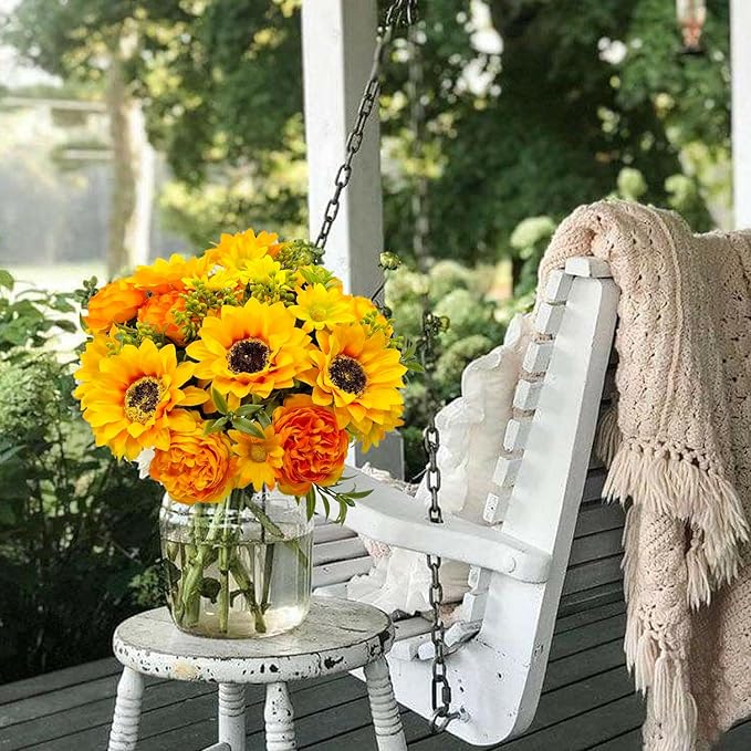 Artificial Flowers for Decoration, 3Pcs Fake Sunflower with Peonies Artificial Flowers Bouquet Silk Flowers for Home Wedding Party Table Centerpieces Vase Decor Indoor Floral Displays (Yellow)