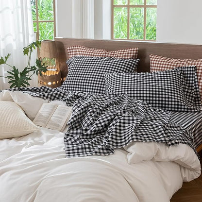 MooMee Gingham Sheet Set 100% Washed Cotton Linen Like Textured Breathable Soft w/ Fully Elasticized 16-19" Deep Pocket (Classic Gingham Black White, King)