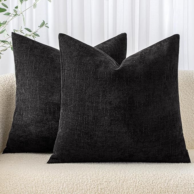 MIULEE Pack of 2 Decorative Throw Pillow Covers Soft Chenille Throw Pillows Solid Neutral Farmhouse Textured Cushion Covers for Couch Sofa Bedroom Living Room 18x18 Inch, Black