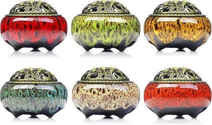 Incense Burner with Calabash Incense Stick Holder - Porcelain Charcoal Censer for Use with Resin Granular Powder Cone or Coil Incense (Kiln-Colored Green)