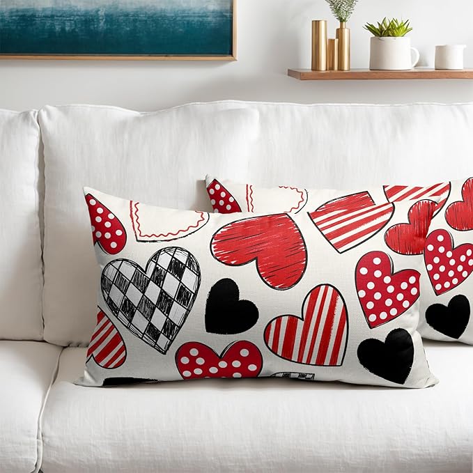 Valentines Day Pillow Covers 12x20 Set of 2 Black Red Heart Throw Pillow Covers Love Pillowcase Linen Decoration Farmhouse Holiday Cozy Soft Cushion Case Couch for Indoor Outdoor Home Decor