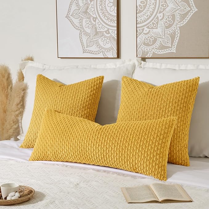 Kevin Textile 12x24 Inch Pillow Cover 1 Pack Boho Decorative Soft Striped Corduroy Lumbar Farmhouse Color Accent Rectangle Cushion Case for Living Room Couch Sofa Bed, Mustard Yellow