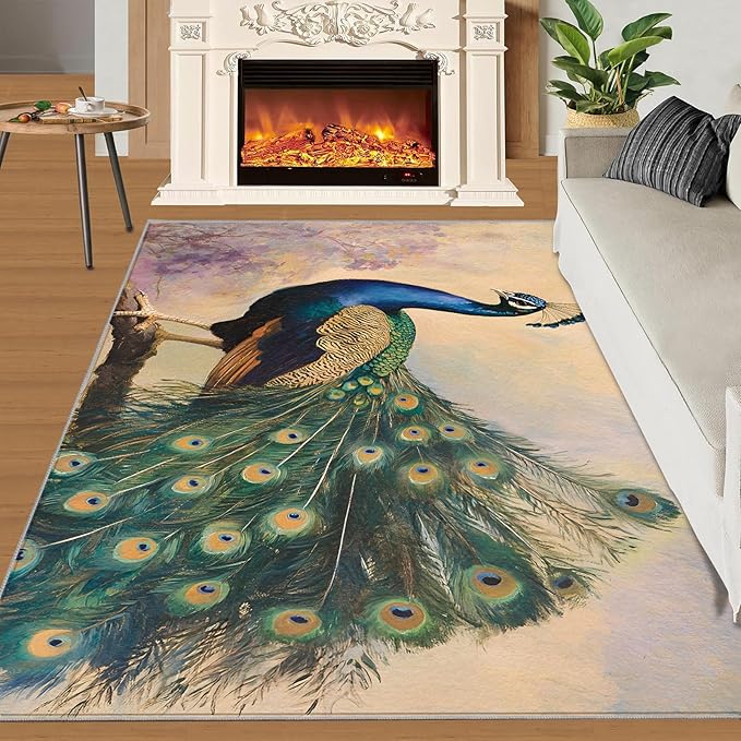 Peacock 3x4 Area Rugs for Living Room, Classic Animal Washable Non Slip Rugs, Gorgeous Feathers Low Pile Print Rug for Bedroom, Dining Room, Home Office