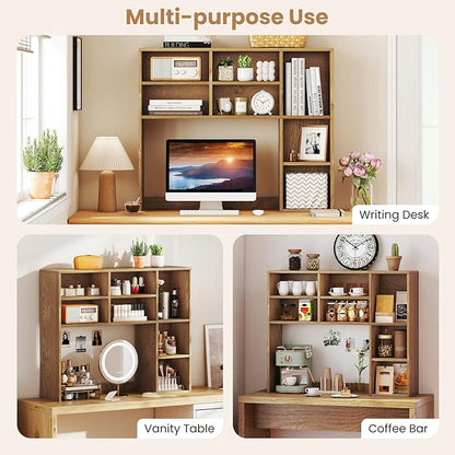 GOFLAME Desktop Bookshelf, 37” Desk Organizer Shelf with 7 Cubes & 3 Adjustable Shelves, 3-Tier Wood Countertop Display Rack, Multipurpose Tabletop Desk Hutch for Dorm, Home Office (Natural)