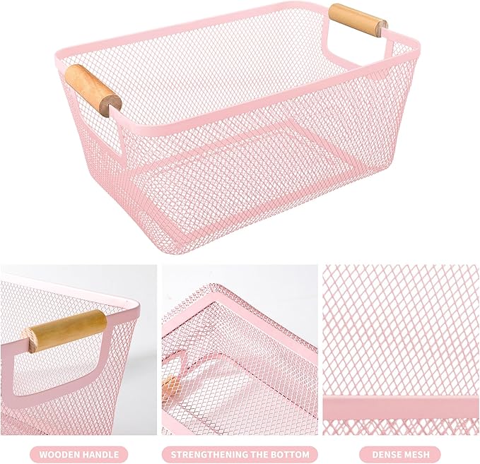 PTSGCAI 2Pack Metal Mesh Steel Basket with Bamboo Handle - Wire Metal Basket for Kitchen Organization, 12" Wide Food Organizer Bin, Perfect for Organizing Bulk Pantry (PINK)