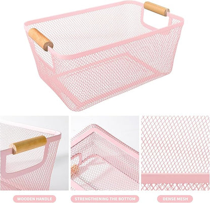 PTSGCAI 2Pack Metal Mesh Steel Basket with Bamboo Handle - Wire Metal Basket for Kitchen Organization, 12" Wide Food Organizer Bin, Perfect for Organizing Bulk Pantry (PINK)