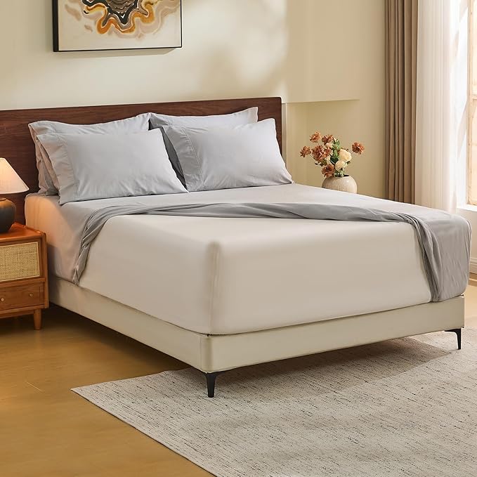 MEISHANG 100% French Pure Linen Sheets Queen Size - Extra Deep Pocket Sheet Set, Soft Durable Flax Linen, Anti-Tear Breathable & Oeko-Tex Certified 18-24 Deep Pocket,All Season(Silver Grey)