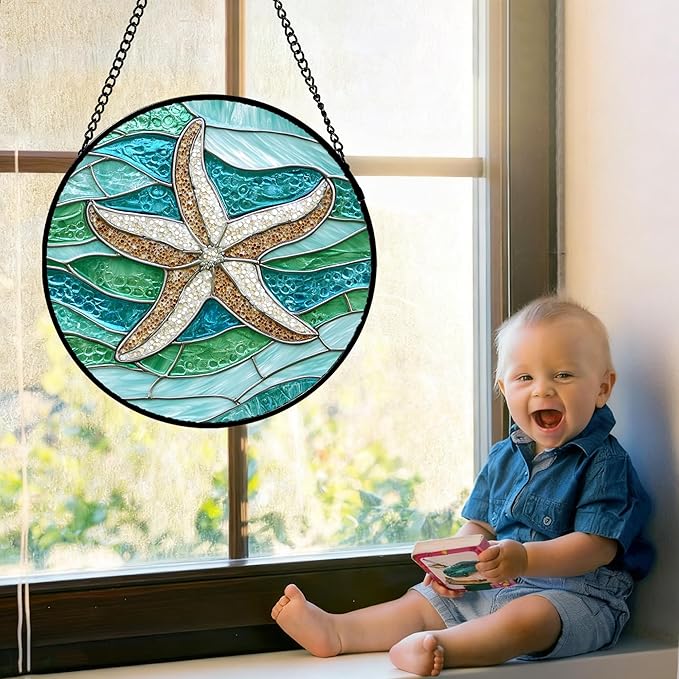 Stained Glass Window Hanging Teal Sea Waves Starfish Large 11.8" - Suncatcher Door Garden Sun Catcher Home Decor Birthday Mother's Day for Mom Men Woman Parents Her Child Nana