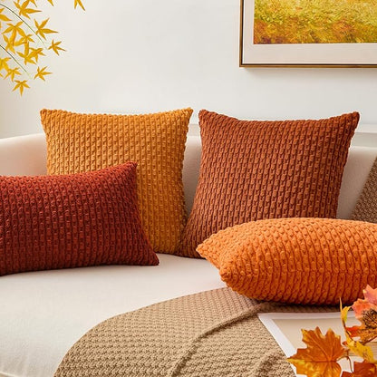 Kevin Textile Fall Lumbar Throw Pillows Cover Autumn Decorative Cushion Covers for Chair/Sofa/Bed/Car Comfortable Corduroy Striped 12 x 20 Inches Burnt Brick Double Pieces