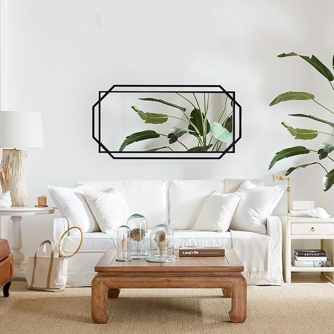 55"x28" Black Large Decorative Bathroom Wall Mirror for Wall with Metal Frame, Modern Octagonal Horizontal Mirror for Living Room, Bedroom, Entryway