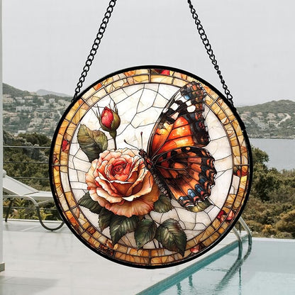 DASTOLL Stained Glass Window Hanging, Butterfly Picking Flowers Suncatcher for Doors Home Sun Catchers Decoration and Christmas, Mother's Day Birthday Gifts for Women, Men, and Mom 14.9x14.9 in