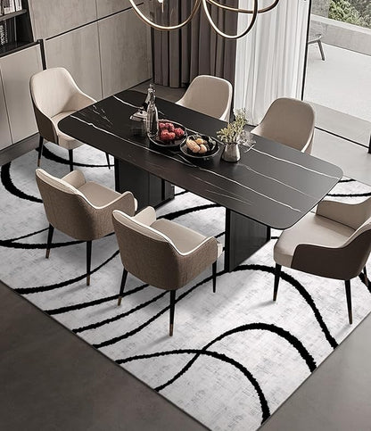 YIHOUSE Modern Area Rugs for Bedroom,5x7 Washable Black and White Rug, Thin Abstract Geometric Minimalist Striped Rug, Black Rugs for Bedroom,Kitchen,Dining Room Office