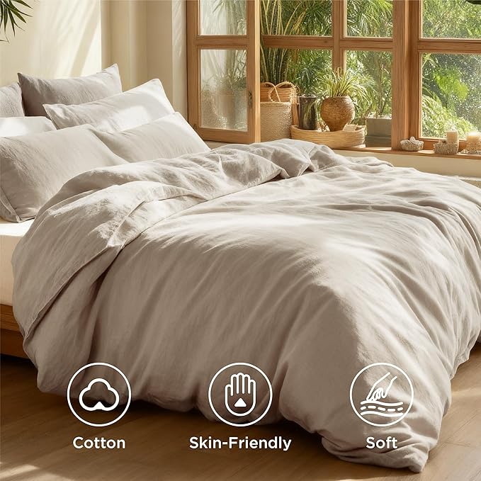 Bedsure 100% Washed Cotton Duvet Cover Queen Size - Oatmeal Minimalist Cotton Duvet Cover Linen Like for All Seasons - GentleSoft™ Plain Simple Bedding (Oatmeal, Queen, 90"x90")