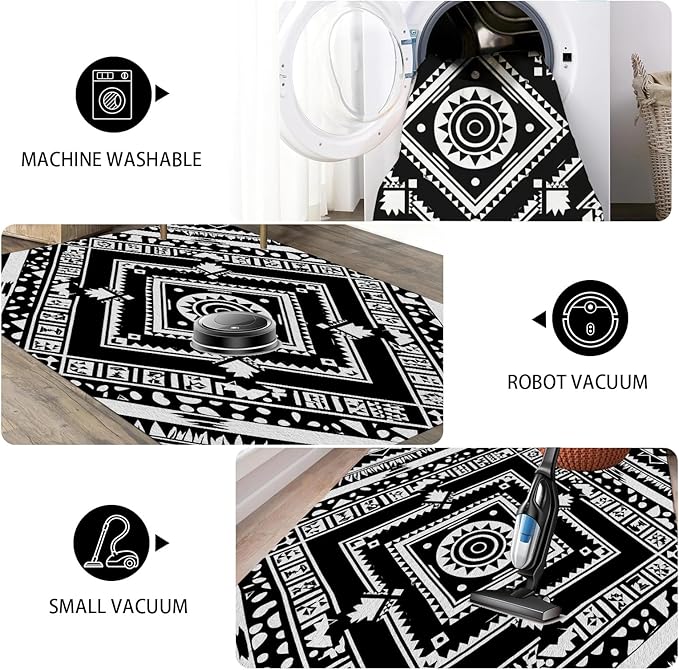 Area Rugs for Living Room 4x6, Moroccan Washable Low Pile Rug, Boho Neutral Farmhouse Ultra Soft Carpet for Bedroom Dining Room Home Decor, Geometric Print Tribal Carpets Black and White