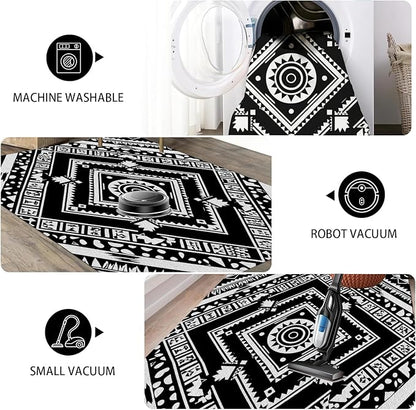 Area Rugs for Living Room 3x5, Moroccan Washable Low Pile Rug, Boho Neutral Farmhouse Ultra Soft Carpet for Bedroom Dining Room Home Decor, Geometric Print Tribal Carpets Black and White