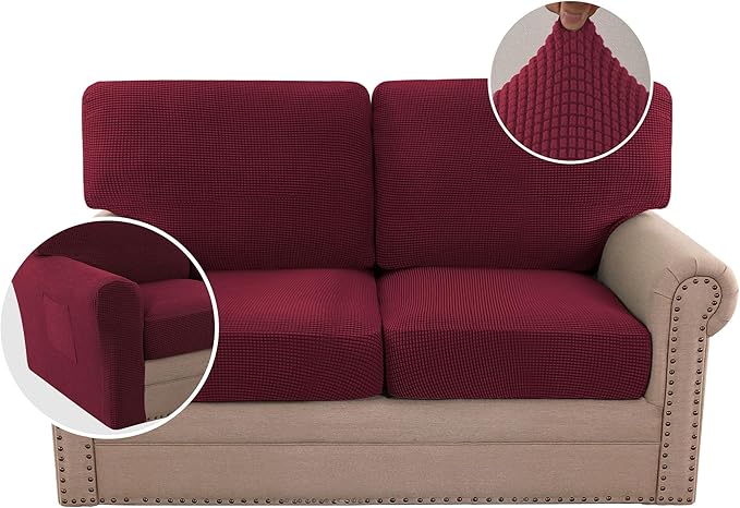 H.VERSAILTEX Multi-Pieces Sofa Covers Stretch Couch Covers Form Fitted Seats and Back Cushions Covers (2 Seat Covers Plus 2 Back Cusion Covers, Bonus 2 Armrest Covers), Burgundy
