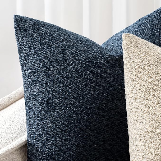 Woaboy Pack of 2 18x18 Inch Decorative Boucle Throw Pillow Covers Textured Square Pillowcaes Accent Solid Cozy Soft Cushion Covers Home Decor for Sofa Couch Living Room Home Decor,Navy Blue