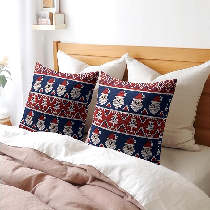 Dark Blue Red Christmas Pillow Covers 18x18 Set of 2 Xmas Santa Tree Pattern Rustic Decorative Outdoor Farmhouse Pillowcases Decorations Winter Holiday Throw Cushion Cover Decor for Couch Sofa Bed