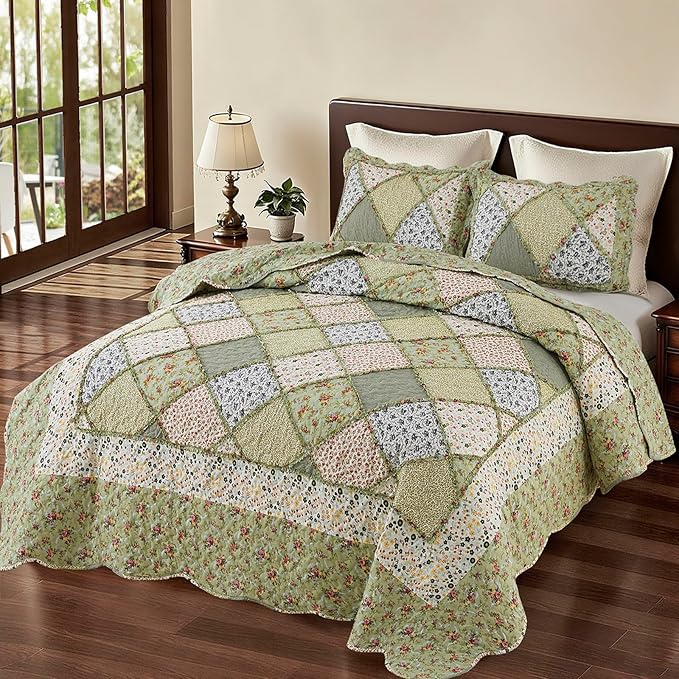 VIVILINEN Patchwork Quilt Set Reversible Quilted Bedspread Coverlet Set 3-Piece Floral Lightweight Comforter Stitched Bedding Set Bed Sheet Set for All Seasons(Green,Extra Wide Super King(128"x120"))