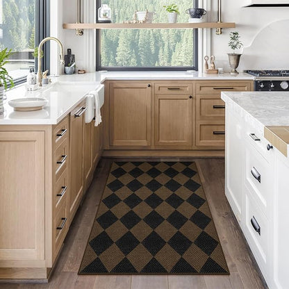 Easy Jute Checkered Entryway Rug, 2.6x4 Coffee Modern Indoor Outdoor Doormat Non-Slip Washable Kitchen Rug, Neutral Farmhouse Diamond Throw Rugs for Entrance Bedroom Porch Patio