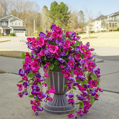 Fake Hibiscus Artificial Hanging Flowers Plants for Outdoors Spring Decoration, 2pcs Silk Hibiscus Vines Realistic UV Resistant Purple Faux Flowers for Outside Planter Porch Patio Yard Wedding Party