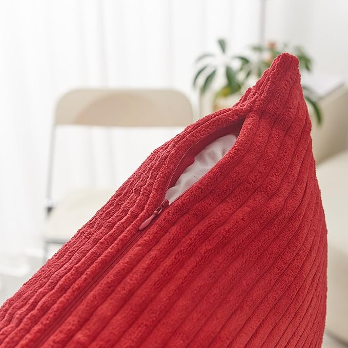 Home Brilliant 24x24 Pillow Covers Set of 2 Striped Plush Velvet Corduroy Euro Throw Pillow Shams Super Soft Cushion Cover for Couch Sofa Floor Valentines Decorations, 24 x 24 inch, Red