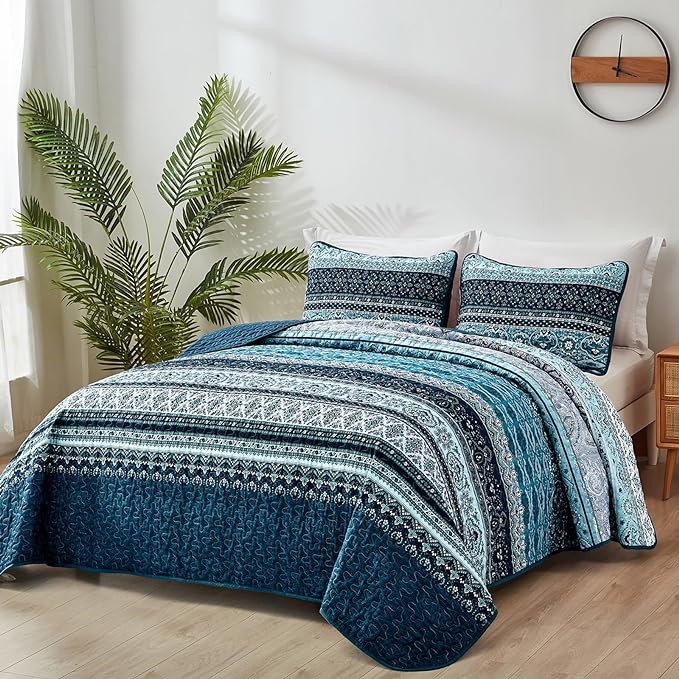 WONGS BEDDING Boho Quilt Set Full Size, Blue Bohemian Full Quilt Bedding Set, Lightweight Microfiber Bed Decor Bedspread with Pillow Shams for All Season 90"x78"(3 Pieces, Full)
