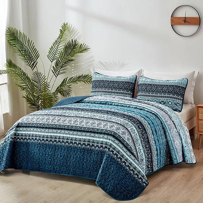 WONGS BEDDING Boho Quilt Set Full Size, Blue Bohemian Full Quilt Bedding Set, Lightweight Microfiber Bed Decor Bedspread with Pillow Shams for All Season 90"x78"(3 Pieces, Full)