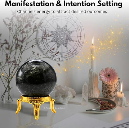 Amazing Gemstone Nuummite Crystal Ball with Stand - 1.5" Inches Crystal Sphere Meditation Balls for Witchcraft and Decorative Balls