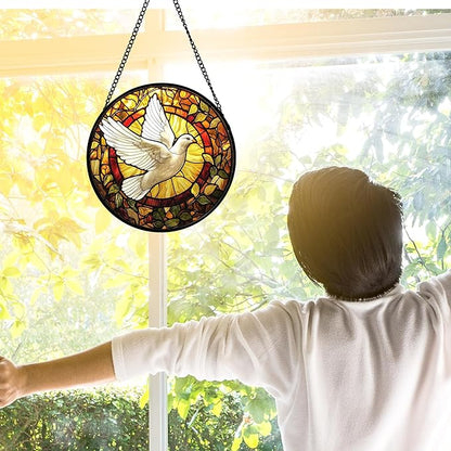 DASTOLL Stained Glass Window Hanging, Flying White Dove Sun Catchers Diamond Glass Panel Hangings Cute Birds Suncatcher Decor for Birthday for Women, Men, Wife, Aunt, and Mom 11.8 in