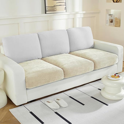 Individual Couch Cushion Covers, Stretch Sectional Couch Covers for L Shaped Sofa, Softer Chenille Sofa Covers for 3 Couch Cushions, Non-Slip Seat Slipcover Protector (3 Piece, Beige)