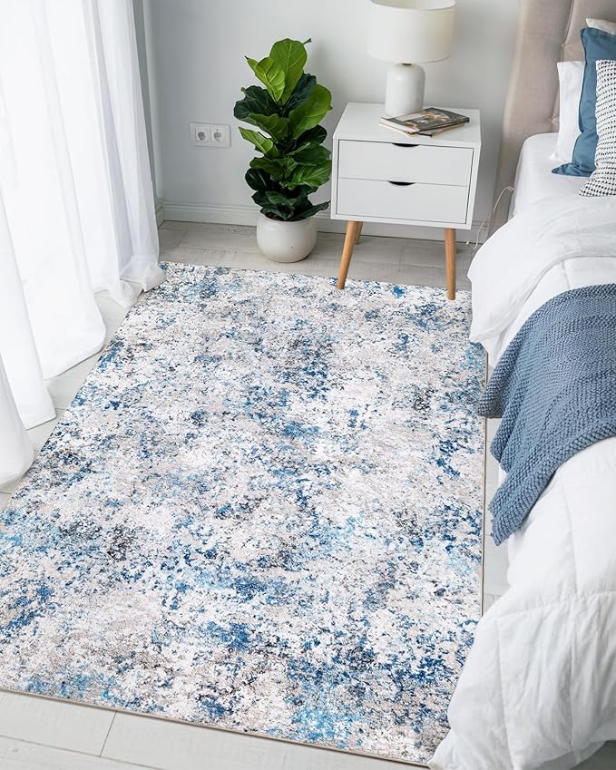 Modern Abstract Washable Area Rugs - 4x6 Contemporary Soft Mat Stain Resistant Non Slip Low Pile Indoor Throw Rug for Bedroom Kitchen Office Chair Desk - Grey/Blue