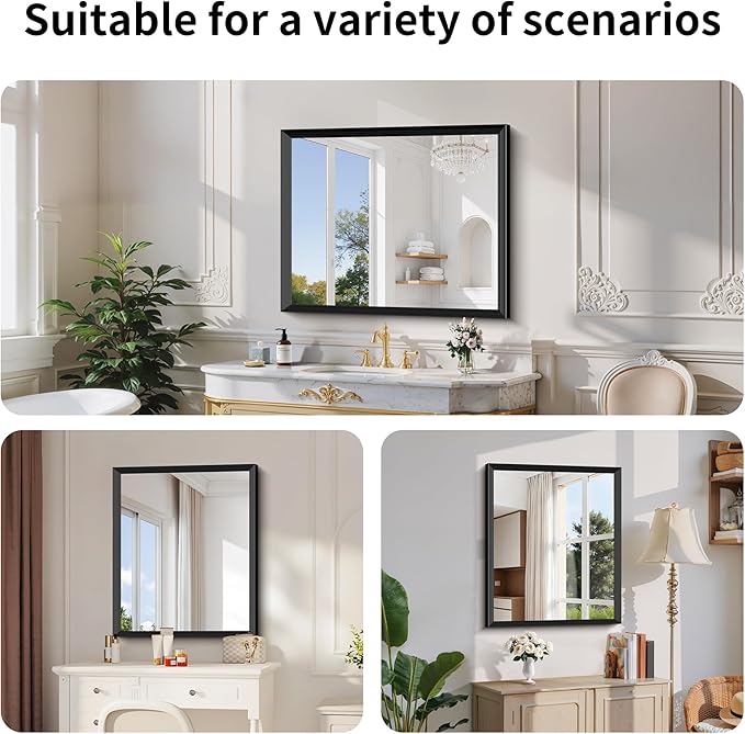 Black Bathroom Mirror 30 x 36 Inch Rectangle Wave Beveled Frame for Wall Bathroom Vanity Mirror for Over Sink, Tempered Glass,for Entryway Hangs, Bathroom Living Room Horizontal or Vertical
