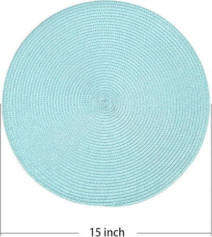 AHHFSMEI Round Braided Placemats 15 Inch Round Table Mats for Dining Tables Natural Woven Heat Resistant Place mats Set of 6 (Light Teal)