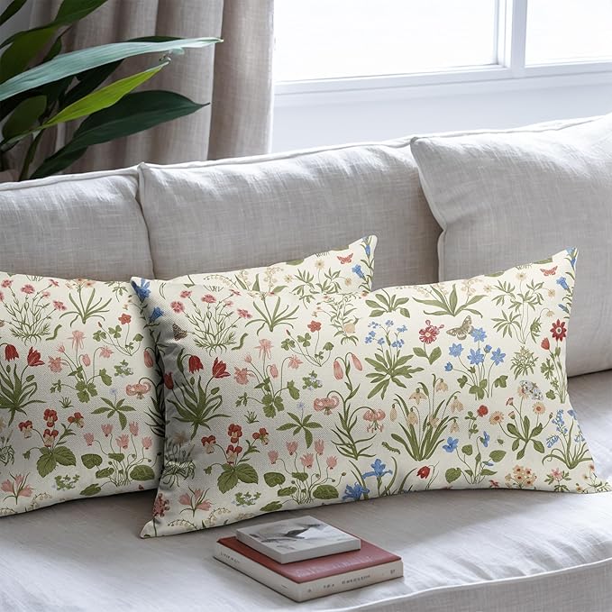 Vitage Floral Lumbar Pillow Covers 12x20 Set of 2 Spring Green Red Cream Pattern Rustic Decorative Outdoor Farmhouse Zipper Flower Pillowcases Decorations Throw Cushion Cover Decor for Couch Sofa Bed